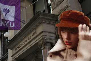 A cutout from Taylor’s updated Red album, A photo of the outside of the Tisch building from their website and a picture of NYU’s Flag