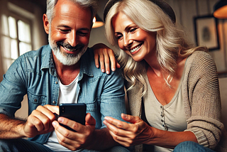 A mature couple exchanging texts while smiling, with one holding a phone and the other looking at a message, illustrating enjoyment and connection.