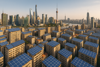 ChatGPT generated panoramic aerial image of a major Chinese city skyline filled with rooftop solar installations
