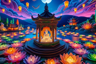 colorful night illustration with a Buda at the center and lotto flowers around it