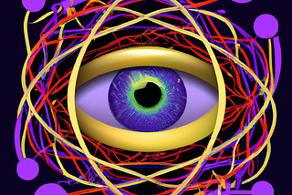An eye surrounded by entangled quantum particles to illustrate the relationship between quantum effects and consciousness