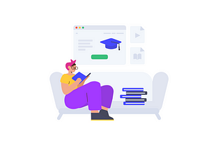 Illustration of girl studying on couch in front of mock screens