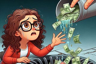 A cartoon of a sad woman watching her money swirl down the drain.