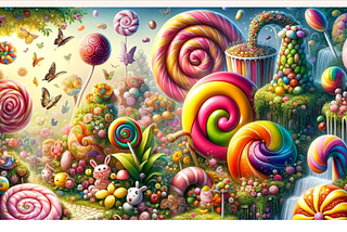 AI generated image of a rainbow lollipop garden as generated by Willy Wonka