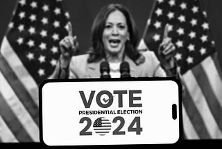 This is a black and white photograph of Vice President Harris holding a sign reading “Vote 2024” and standing in front of two American flags.