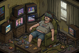 A slob in dirty shorts and t-shirt sitting on an easy chair in a tiny, dirty living room surrounded by television sets all wired directly into his brain. His head is back on the headrest, he’s drooling, with his arms slumped over the armrests.