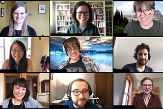 9 people in a grid on a video conference call