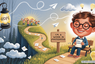 An illustrated boy with glasses sits on a bench smiling peacefully while holding a book titled “Still Earning.” A sign next to him reads “I’m a work in progress.” The winding path behind him is strewn with paper sheets, leading toward a bright field of joyful children under the sun. The path starts in a dark forest lit by a lantern labeled “HOPE,” transitioning into light. Paper planes fly across the sky, symbolizing ideas and growth. Light bulbs float above the boy’s head, representing inspirat