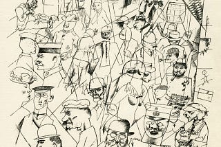Lined lithograph by George Grosz, part of a series published in 1923. It shows various military men, businessmen and official going about their business in ignorance of the suffering around them