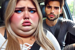 A couple in the car. The woman is fat and has a sad expression, and the man is more chiseled, slender, and serious.