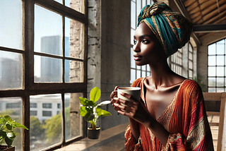 Attractive woman sitting at window in an industrial warehouse apartment