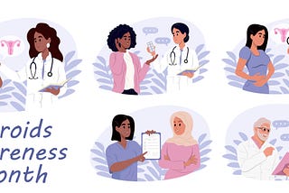 Fibroid Awareness Month graphic showing five beautiful, diverse women in different scenes talking with their doctors, highlighting education, care, and support for women’s health.