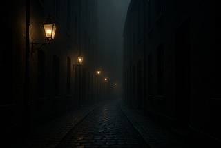 A foggy, deserted narrow alley at night, flanked by tall, dark brick buildings. The cobblestone path glistens under the soft, warm glow of vintage street lamps mounted on the walls. The alley fades into dense fog in the distance, creating a mysterious and eerie atmosphere.