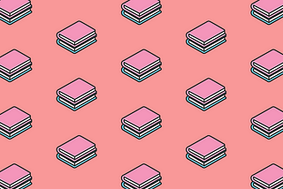 A pattern made up of an icon of two books on top of each other. The top book has a pink cover and the bottom book has a light blue cover. The piles of books are on a reddy-pink colour background.