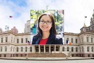 gigi li’s portrait on top of a photo of NY city hall
