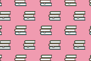 A pattern made up of a repeated icon of two books on top of each other. The top book has a bright green cover, the middle book has an orange cover and the bottom book has a teal cover. The piles of books are on a pink background.