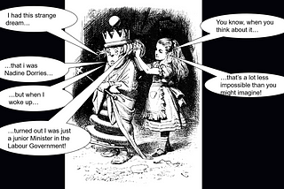 Image taken from Alice Through the Looking Glass: shows Alice adjusting the White Queen’s hair. Speech goes. White Queen: “I had this strange dream…that i was Nadine Dorries…but when I woke up…turned out I was just a junior Minister in the Labour Government!” Alice: “You know, when you think about it…that’s a lot less impossible than you might imagine!”