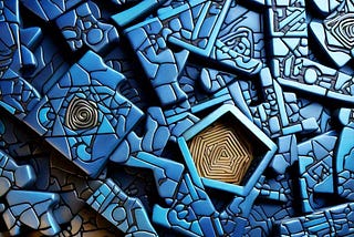 An abstract composition featuring geometric shapes in varying shades of blue and brown, resembling an intricate puzzle piece.