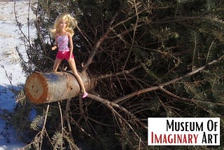 Barbie doll straddles a Christmas tree in a poster for the Museum of Imaginary Art at SchoolNewsToday.Com