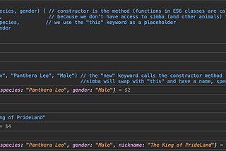 “this” used in a method; simba is swapped with this in the constructor method