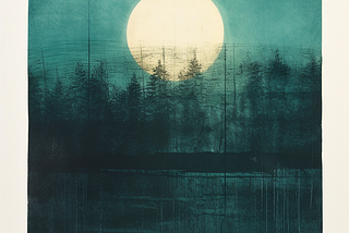 a cyanotype print of a moon in a green sky at night, behind a shadowed tree-line