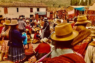 A busy market day in the central plaza of Cuzco, Peru in 1978