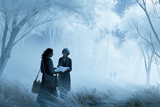 A woman and her former teacher walk together beneath unusually white trees on a moonlit hillside as the teacher hands her a childhood drawing from a worn canvas bag.