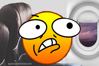 A stressed-out and exhausted emoji looks out an airplane window.