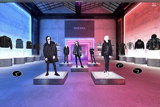 An AR Experience: Five mannequins are standing in a hall and on the sides jackets are floating on pedestals.
