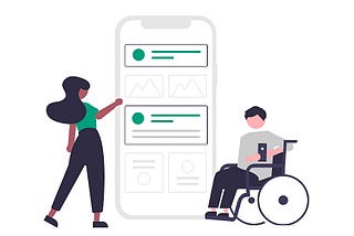 an image of a feminine presenting person standing and a masculine presenting person in a wheelchair using their phones.