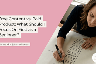 Featured blog graphic with a soft blush pink background and angled photo layout. The image shows Johnna Kirk writing on a large paper funnel diagram labeled “Neutral,” “3,” “4,” “5,” and “Dark.” Large text reads: “Free Content vs. Paid Product: What Should I Focus On First as a Beginner?” Smaller text at the bottom says “Johnna Kirk, johnnakirk.com.” The Queen Bee logo appears in the bottom-right corner