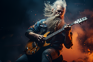 greay haired man playing the electric guitar