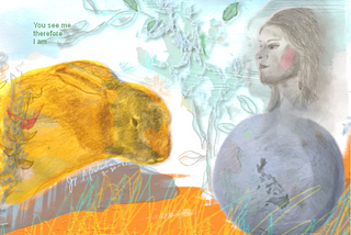 A pencil drawing of a rabbit looking at a small globe while a woman’s head above the globe looks at the rabbit. The rabbit is colored autumn yellow while the globe and woman are in gray tones.