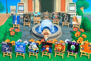 An image of the event organizer’s Animal Crossing avatar in front of a bunch of artworks of indie games.