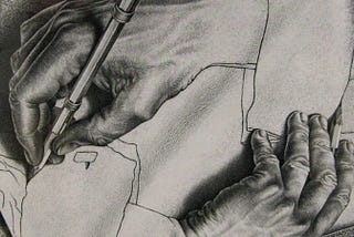 Litografia de M. C. Escher intitulada Drawing Hands. Impresso pela primeira vez em janeiro de 1948. Retrata uma folha de papel, da qual emergem duas mãos, no ato paradoxal de atrair uma à outra à existência.