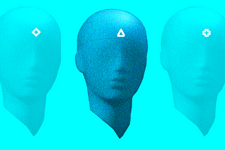 An expressive light blue image of 3 floating mannequin heads with Coletividad symbols into their forehead.