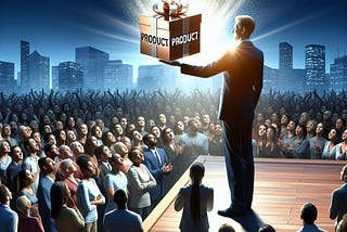 An entrepreneur showing a box written “Product” to a crowd.