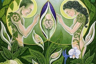 Woman and man with greenery and babies in pods