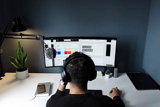 Person sitting in front of a laptop, looking at colors and fonts as he builds a brand’s identity.