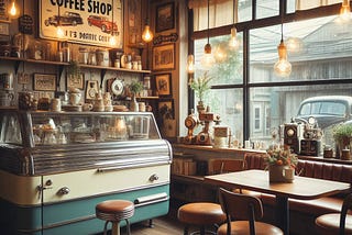 A vintage coffee shop with a large window, an ice cream counter, and a large sign on the wall