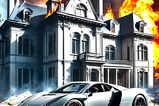 Mansion, money, and luxury car burning.