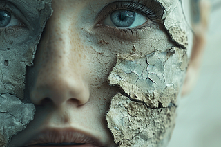 a person’s face partially covered in a cracked and peeling surface. It’s a compelling portrayal of possibly the concept of decay or transformation. The texture resembles dried clay or earth, suggesting themes of nature, aging, or fragility. The person’s eyes are remarkably expressive and are the focal point of the image, conveying a sense of depth and emotion. This could be interpreted as an artistic expression of inner turmoil or the feeling of being incomplete or in a state of change.