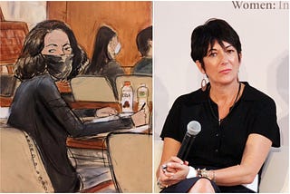Drawing of Ghislaine Maxwell from Court (Left) | Public Photo of Ghislaine Maxwell (Right)