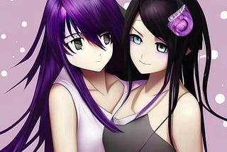Two anime style girls. One with black hair, one with purple hair.