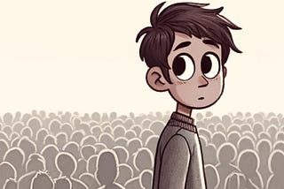 A digital illustration of a young boy with short, dark hair, standing in front of a crowd of indistinct, grey silhouettes. The boy has a contemplative expression and is wearing a grey sweater. The background is a gradient from a light cream color at the top to a darker shade towards the bottom, creating a subtle contrast with the boy’s figure.