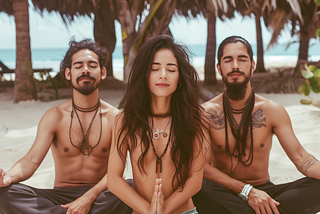 Two men with a woman between them, meditating on the beach.