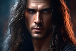 A handsome man with long dark hair and perfect blue eyes.