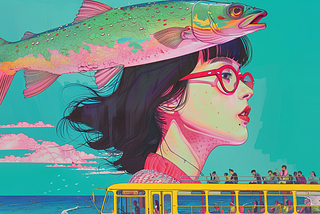 A green and pink pike fish flying in the sky above an Asian woman with black hair, wearing red glasses on top of a yellow bus full of people at sea in the style of Kazumasa Nagai, in the style of Moebius, vibrant colors, risograph print. AI image created by the author with the new “Model Personalization” feature on MidJourney V6.