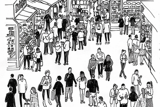 ink illustration of a busy shopping and fast food street. with stalls and people mingling meeting chatting and having a good time, in the style of saskia keultjes, minimalist, outline,