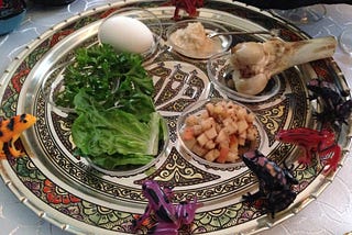 Photo of a traditional Passover Seder plate, lined with plastic frogs.
